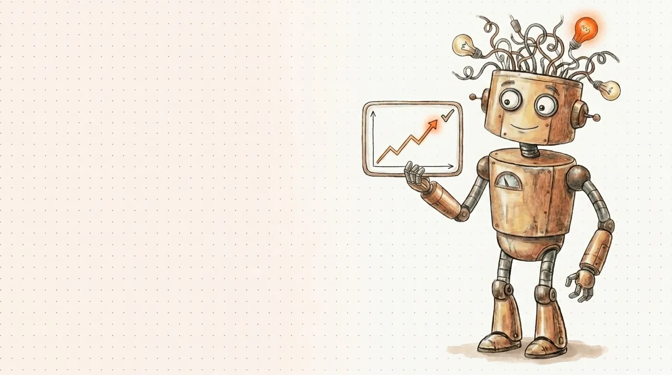 Il robot presenta un pannello con un andamento in salita e un segno di spunta: i casi studio documentati e verificati.