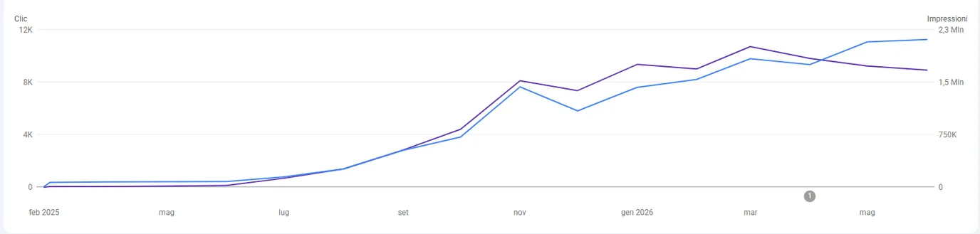 Curva del rendimento organico su Google Search Console: clic e impressioni in forte crescita lungo 16 mesi