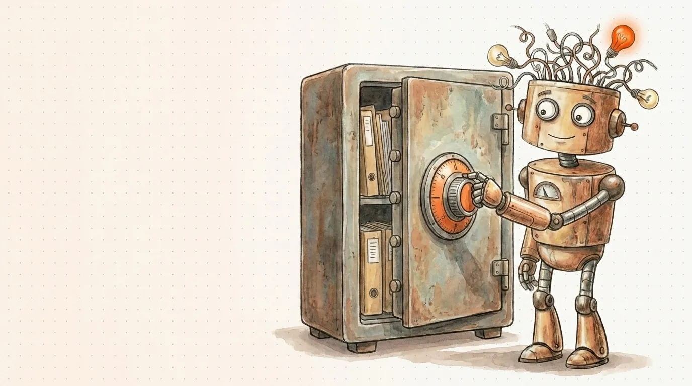Il robot chiude dei documenti in una cassaforte con lucchetto: privacy e AI in azienda.