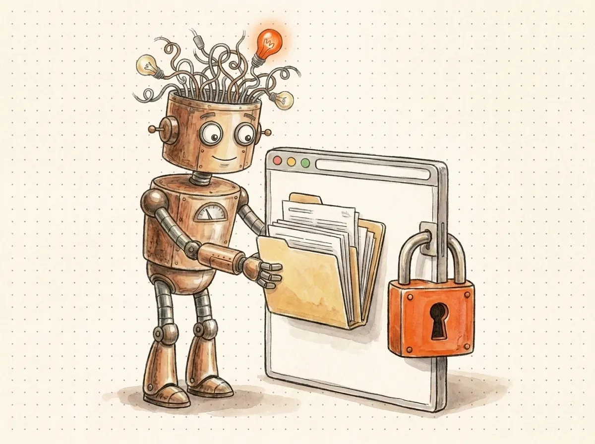 Il robot chiude con un lucchetto una finestra piena di documenti: lo strumento giusto tiene al sicuro i dati e tutela la privacy AI in azienda.