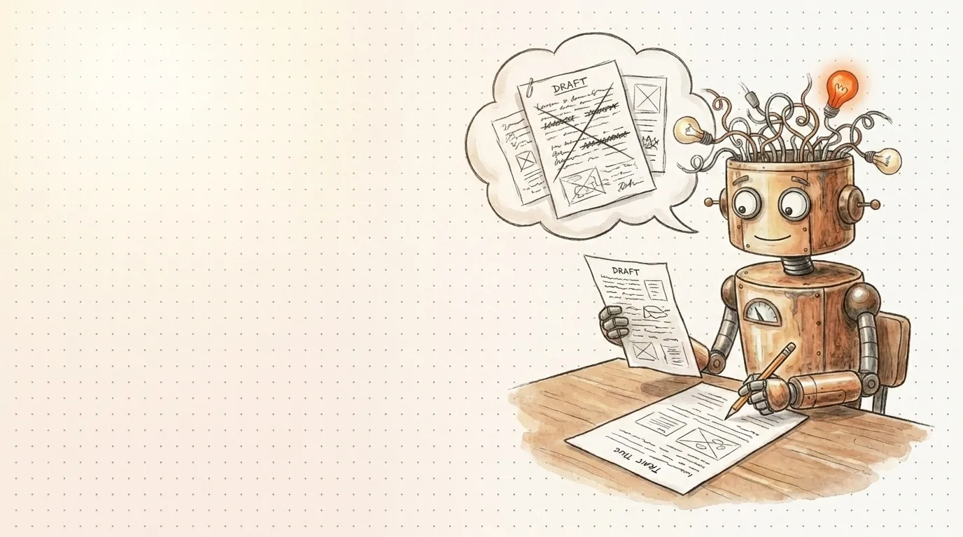Il robot abbozza un testo a matita vicino a un fumetto: ChatGPT come supporto alla SEO.