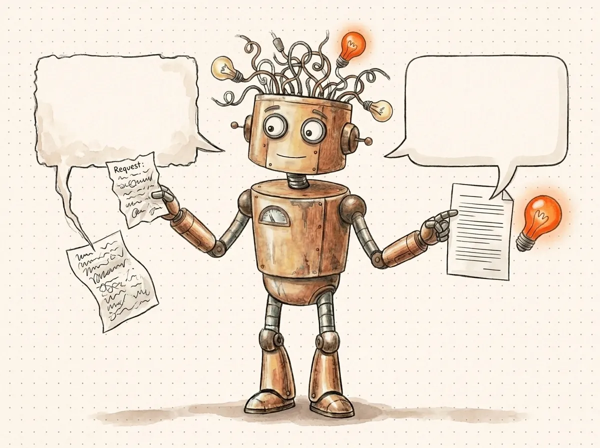 Il robot confronta due fumetti di chat: richiesta scarna, pagina scadente; richiesta curata, pagina pulita. La regola dei prompt a ChatGPT per la SEO.