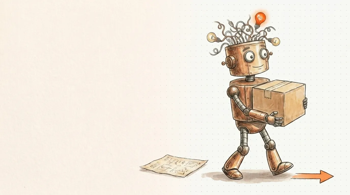 Il robot porta una scatola su un ponte verso il nuovo sito: la migrazione SEO passo passo.