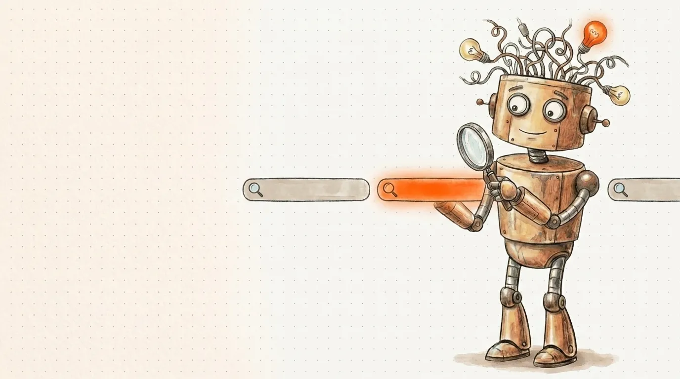 Il robot osserva con una lente tre barre di ricerca: scegliere le parole chiave giuste.