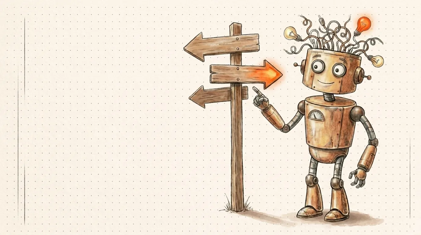 Il robot davanti a un cartello con tre frecce: scegliere tra consulente, agenzia e freelance.