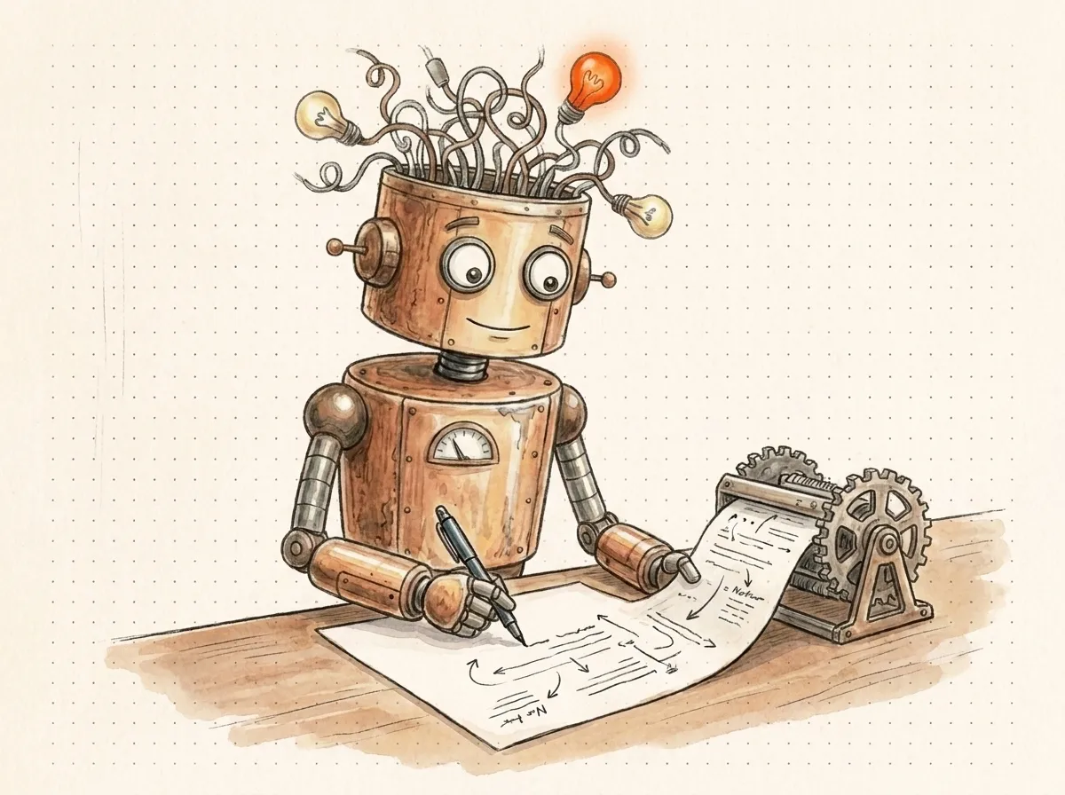Un robot arricchisce con la penna la bozza spoglia uscita da un ingranaggio: i contenuti AI per Google migliorati dalla persona che ne diventa autore.