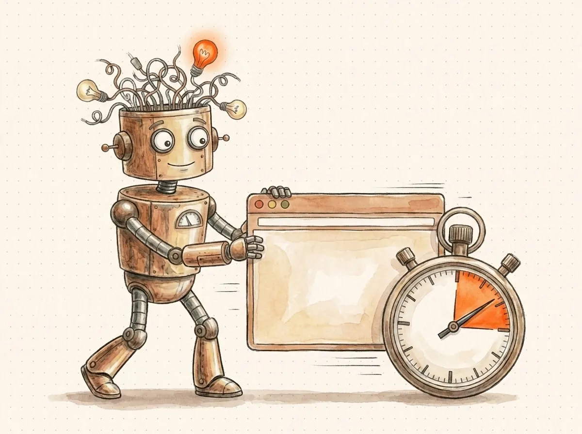 Un robot spinge una finestra del browser facendola scattare veloce mentre un cronometro scende nella zona buona: velocizzare la pagina nei Core Web Vitals.