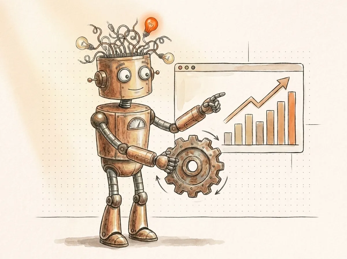 Un robot regola un ingranaggio sotto una finestra e indica le barre che salgono: cosa fa un consulente SEO, migliora il sito e ne fa crescere i risultati.