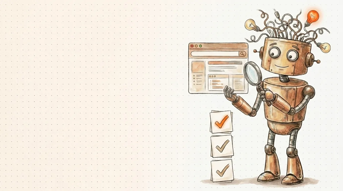Il robot esamina con una lente le schede di una pagina: le attività di un consulente SEO.