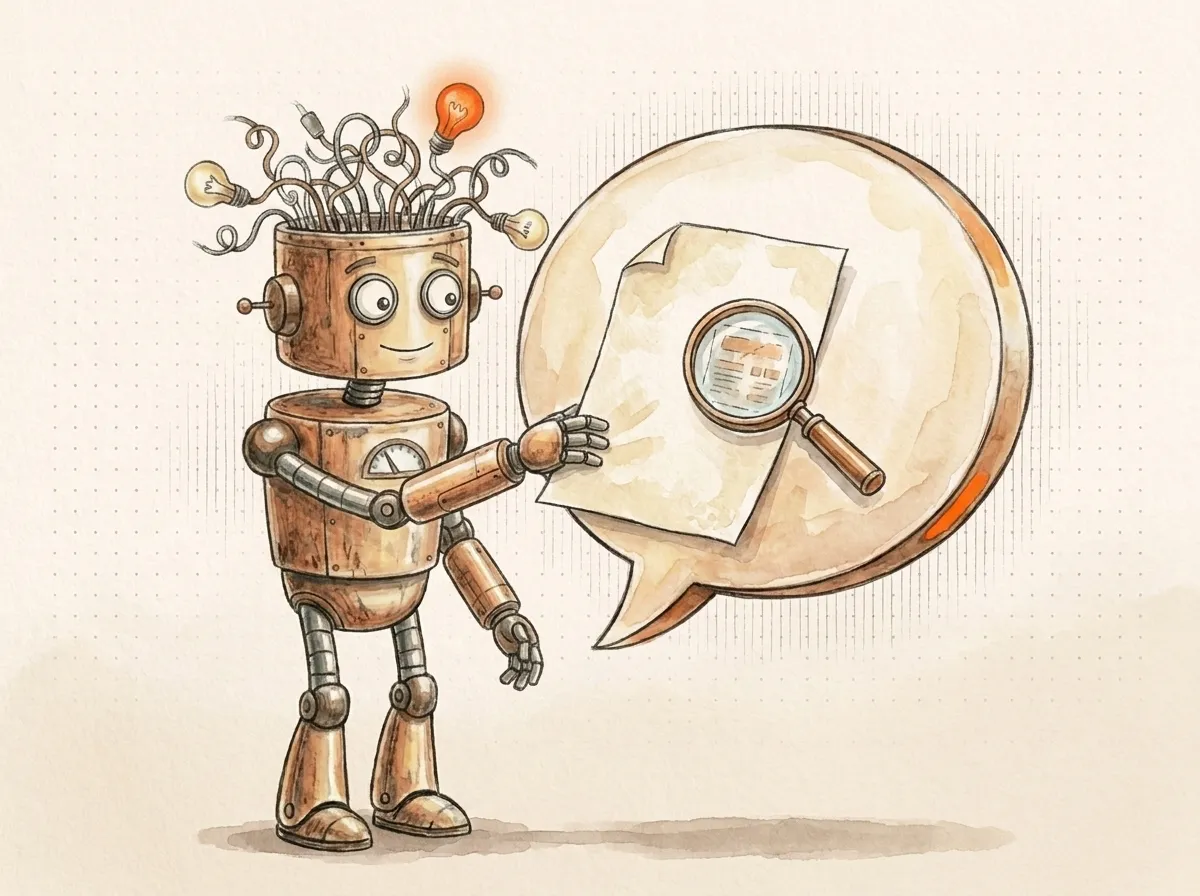 Un robot infila il proprio foglio in una nuvoletta di chat con una lente che lo evidenzia: con GEO e AEO il tuo contenuto viene scelto e citato dalle AI.
