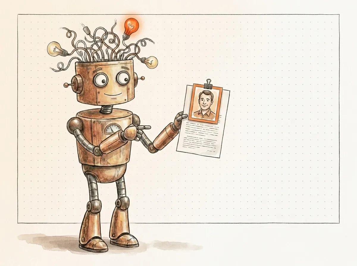 Il robot indica una pagina con la scheda-ritratto dell'autore reale in alto: nell'E-E-A-T conta chi firma, l'identità dietro al contenuto.