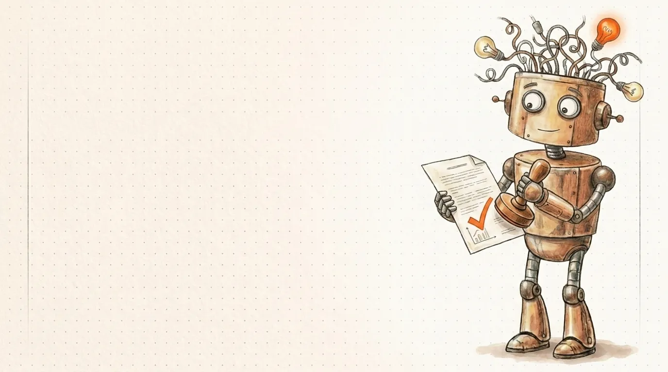 Il robot timbra una spunta di approvazione su una pagina: i segnali E-E-A-T.