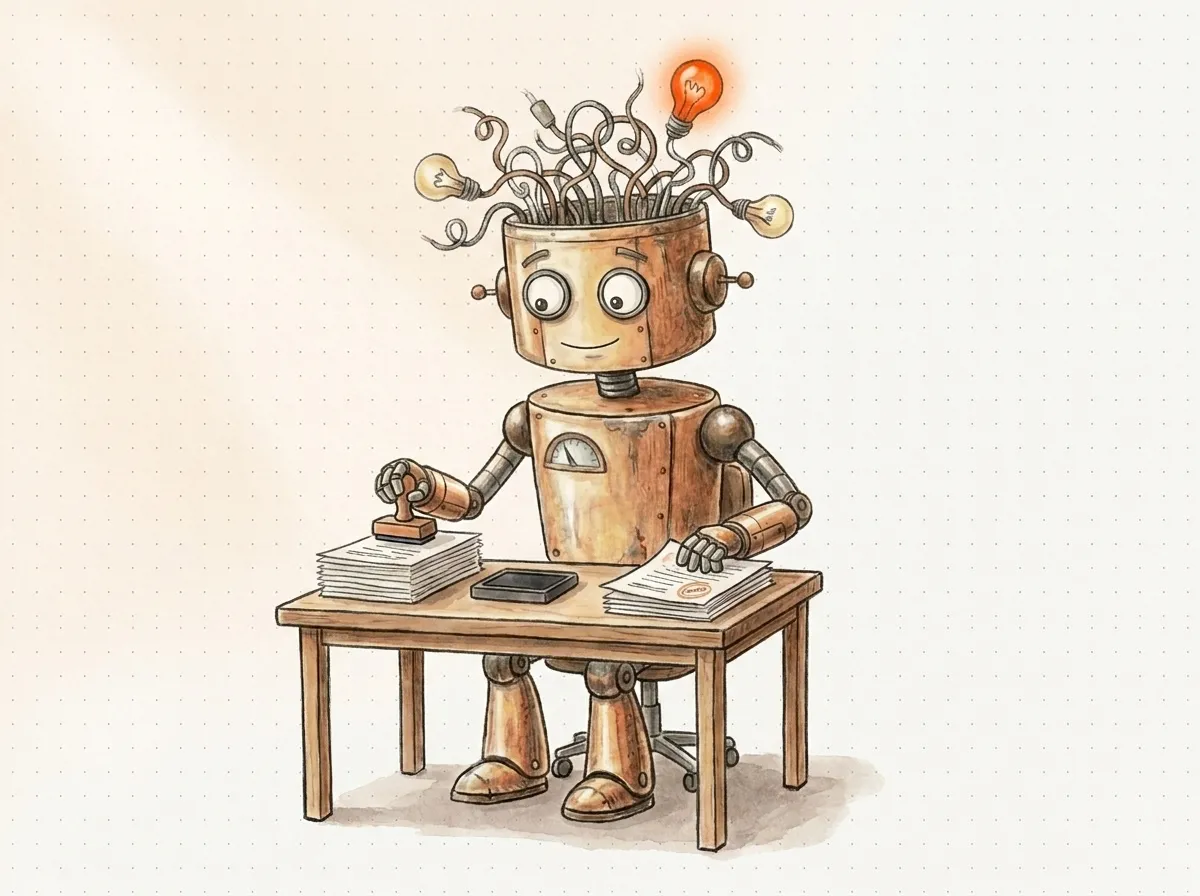 Seduto a una scrivania, il robot timbra in serie fogli identici e li sposta evasi: l'intelligenza artificiale che fa il lavoro ripetitivo nelle PMI.
