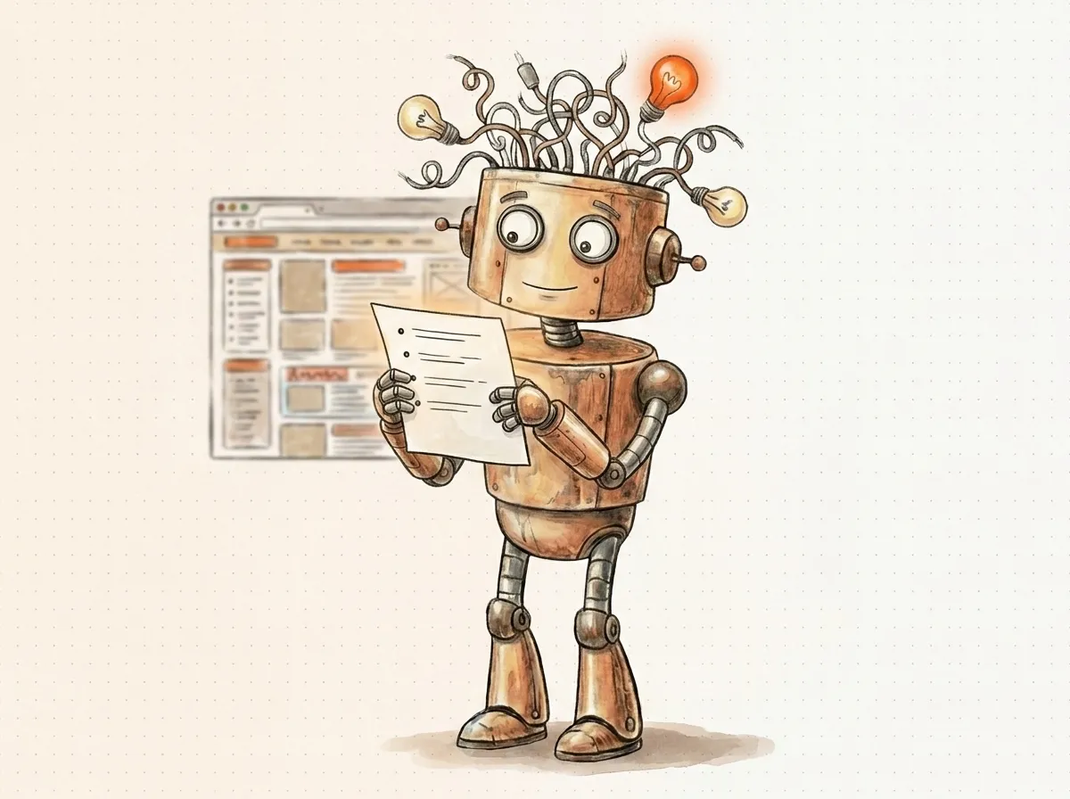 Il robot legge un breve foglio pulito a elenco estratto da una finestra del browser affollata: la sintesi del sito che il file llms.txt offre alle AI.