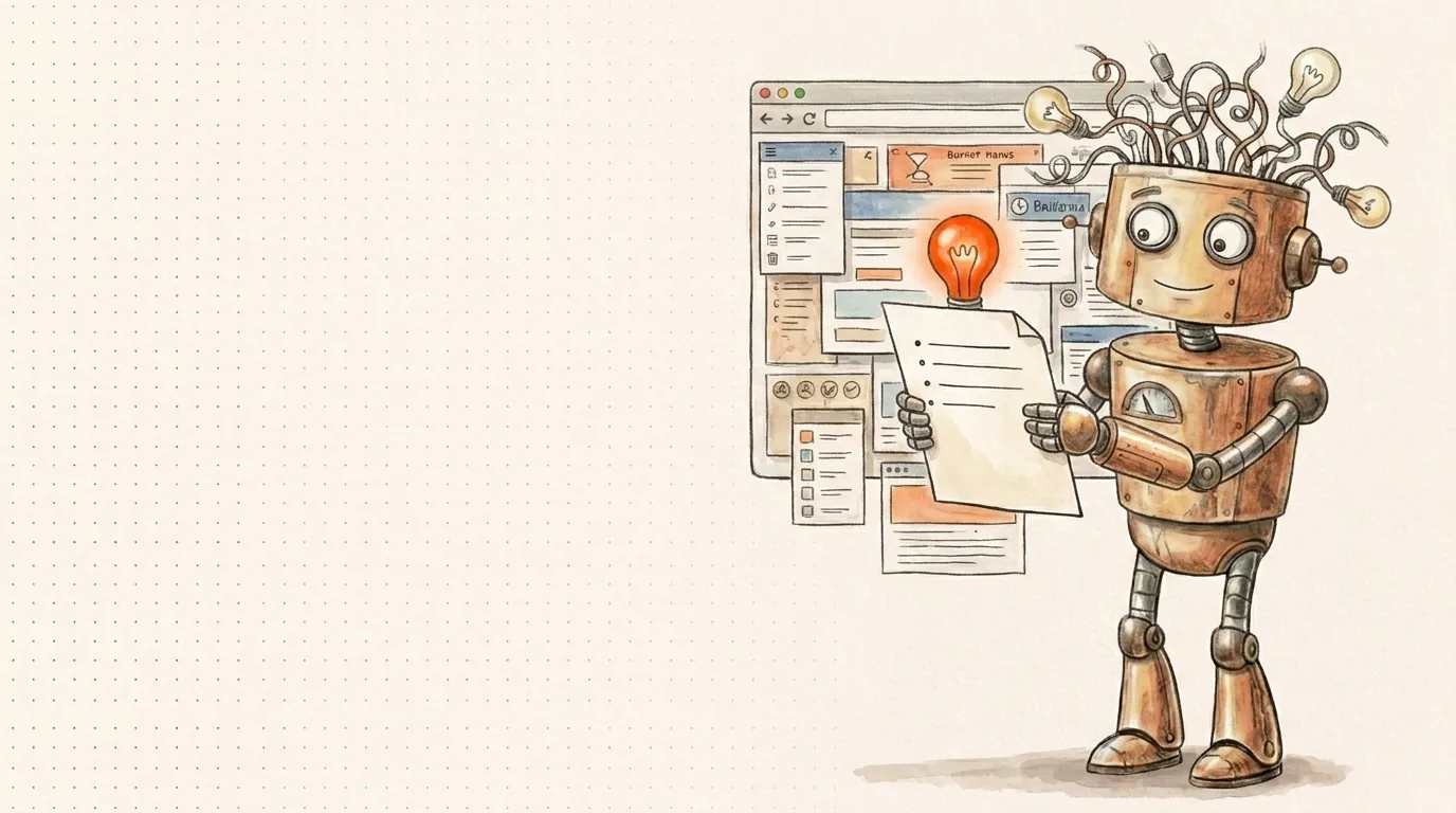 Il robot mostra un foglio pulito accanto a una finestra affollata: il file llms.txt.