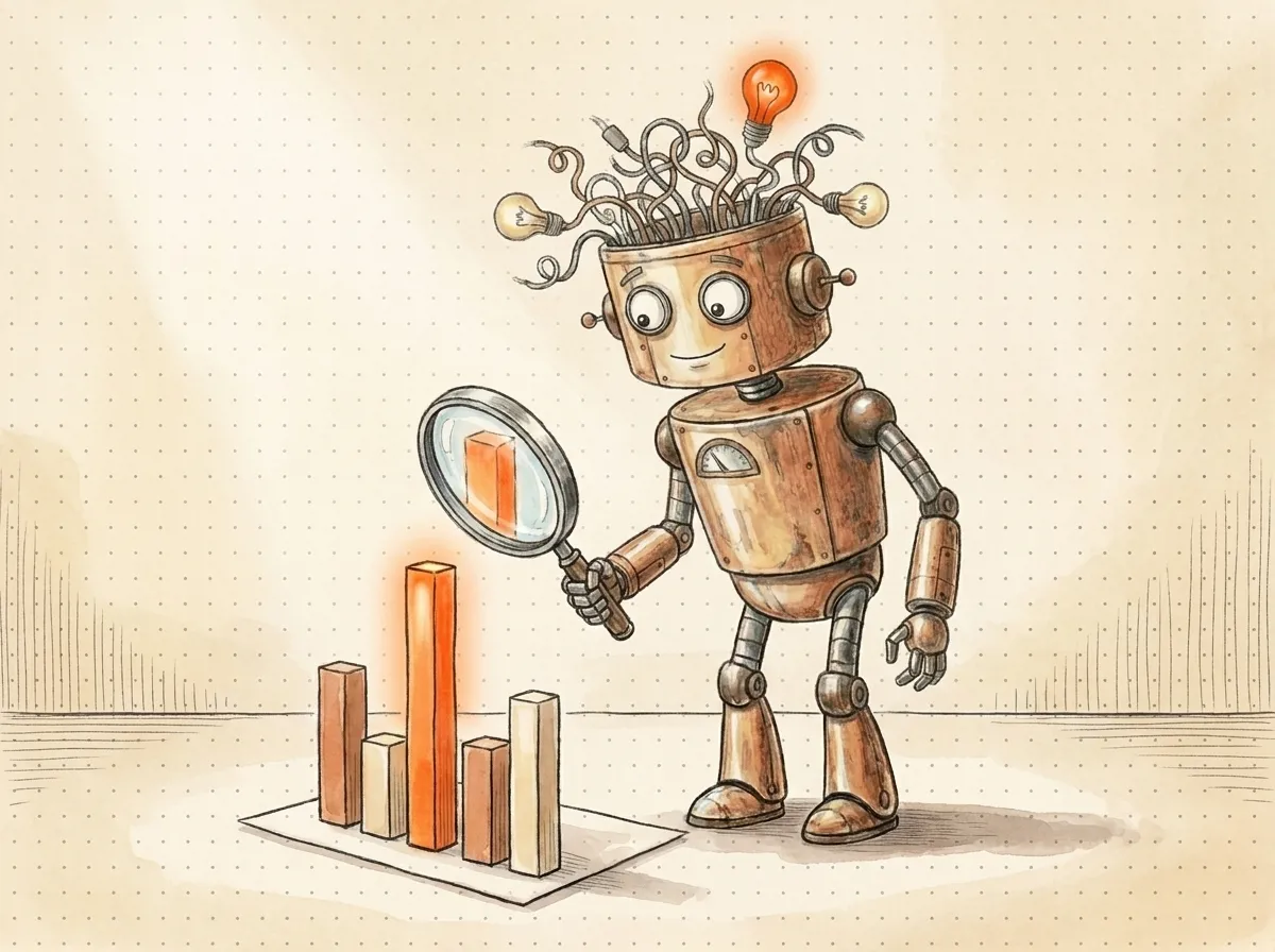 Il robot legge con la lente un grafico a barre sotto un fumetto di chat: misurare la visibilità AI, quanto si compare nelle risposte.