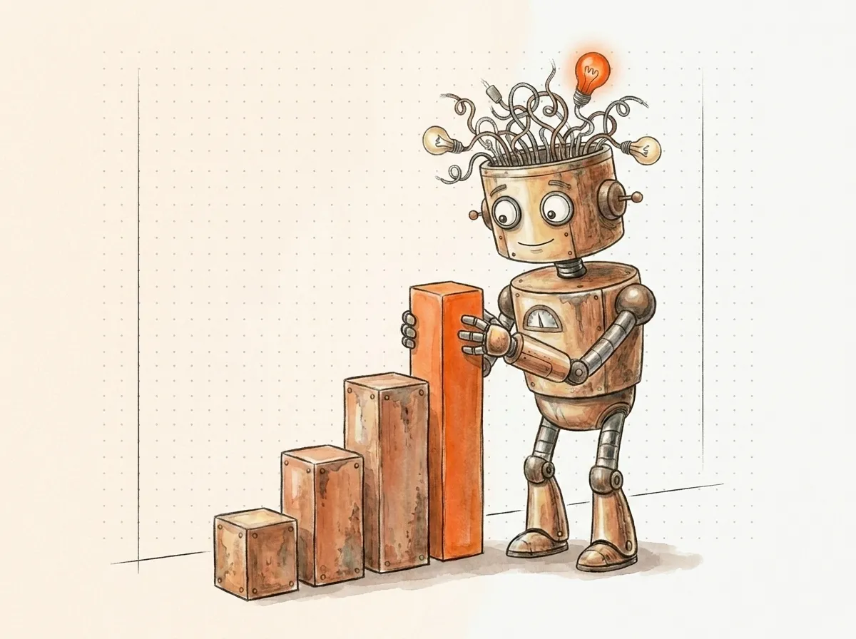 Il robot costruisce una a una barre che salgono come un grafico di crescita: un metodo graduale e misurabile invece della prima posizione garantita.