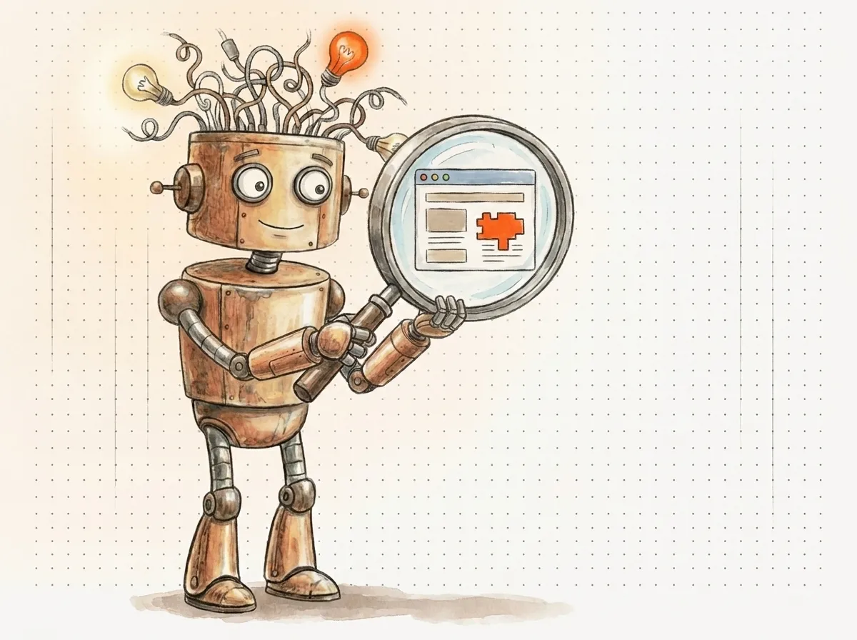 Il robot ispeziona con la lente una finestra del browser e mette a fuoco un punto critico: la diagnosi del perché la SEO non funziona.