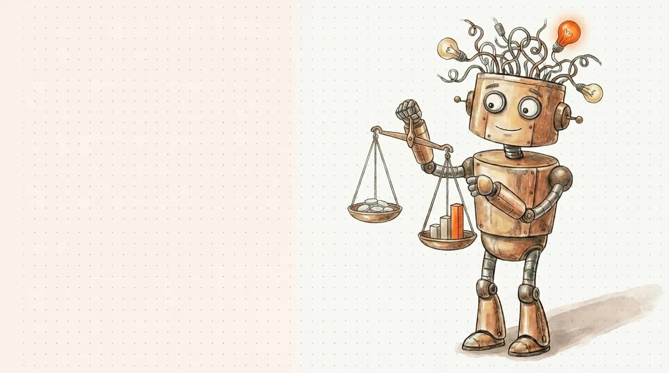 Il robot pesa delle monete su una bilancia accanto ad alcune barre: quanto costa la SEO.