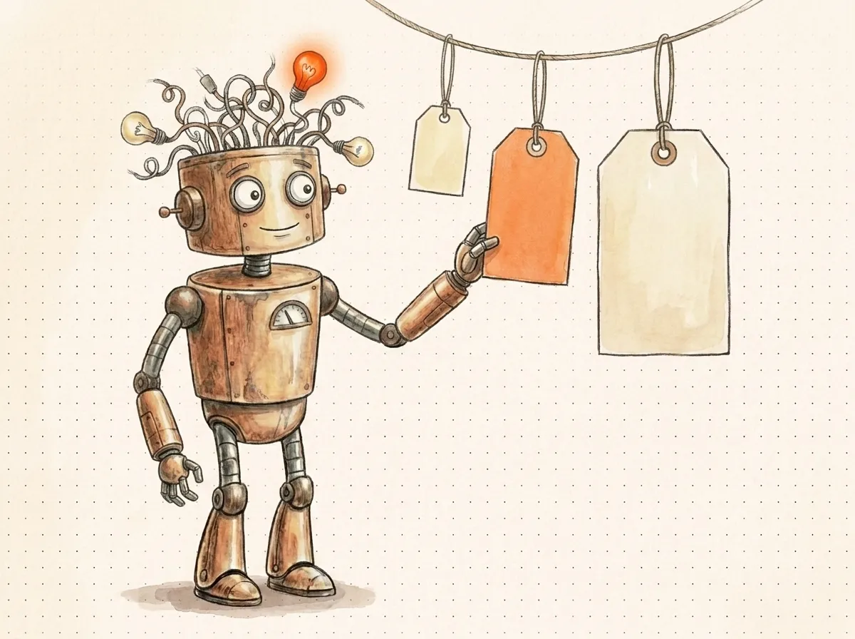 Il robot sceglie tra tre cartellini-prezzo appesi di dimensioni diverse: i modelli di prezzo della SEO, dall'audit una tantum al canone mensile.