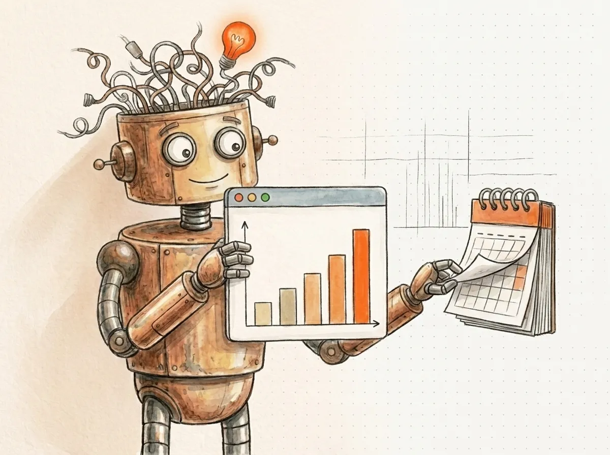 Il robot sfoglia un calendario accanto a una finestra del browser dove le barre crescono a ogni mese: i risultati della SEO che salgono col tempo.