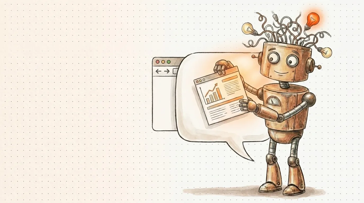 Il robot affianca una pagina a un fumetto di risposta AI: la SEO nel 2026.