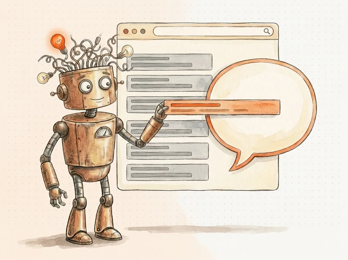 Il robot solleva una riga da un elenco di risultati grigi e la posa in un fumetto di chat: nel 2026 conta diventare la fonte citata dall'AI.