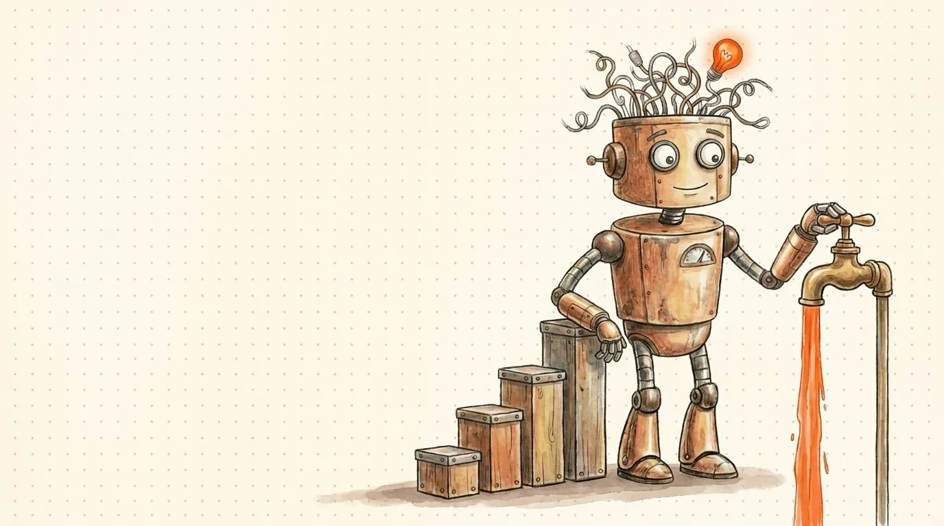 Il robot confronta barre di crescita e un rubinetto aperto: SEO e Google Ads a confronto.