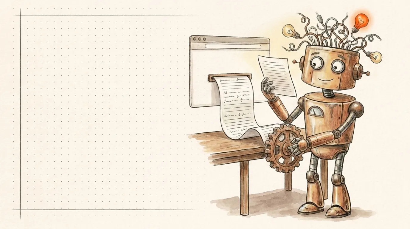 Il robot combina un ingranaggio, un foglio e una finestra: il mio workflow SEO con l'AI.