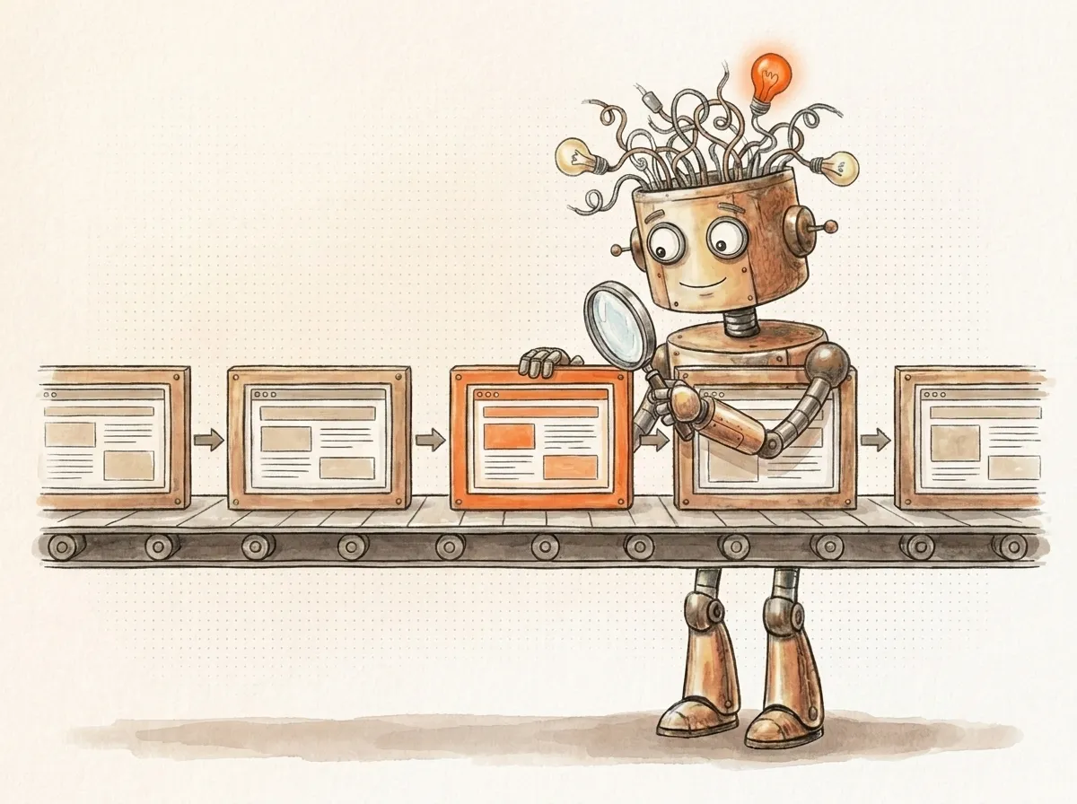 Su un nastro di cinque fasi il robot controlla la pagina centrale: le cinque fasi del workflow SEO con AI e lo snodo guidato dal giudizio umano.
