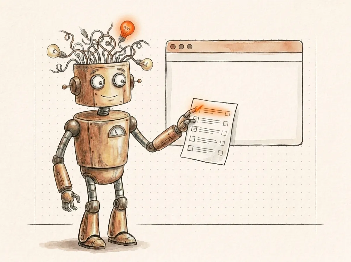 Accanto a una finestra, il robot presenta una lista nata dal sito e indica la prima voce illuminata: l'audit SEO trasformato in interventi per priorità.