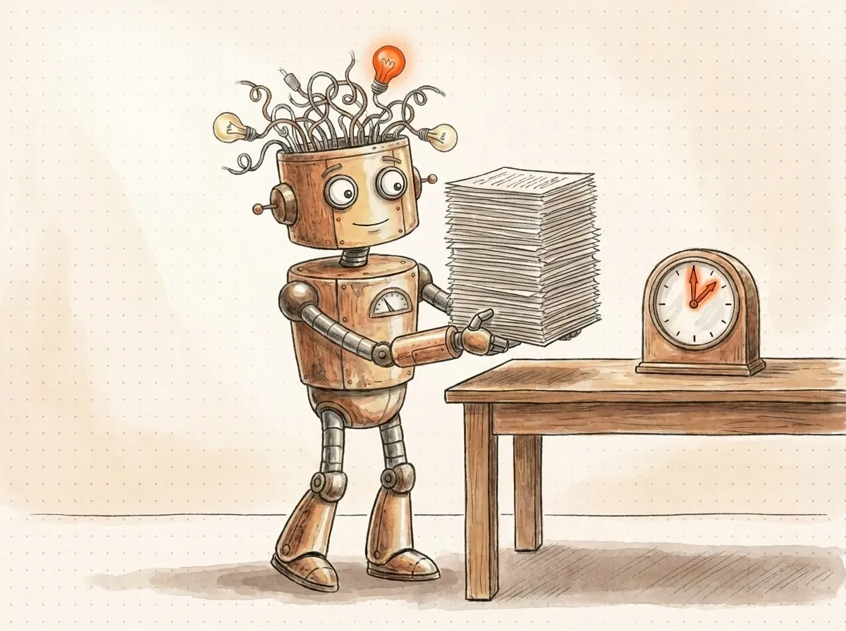 Un robot sgombera dalla scrivania una pila di fogli ripetitivi mentre un orologio segna il tempo liberato: la consulenza AI che restituisce ore.