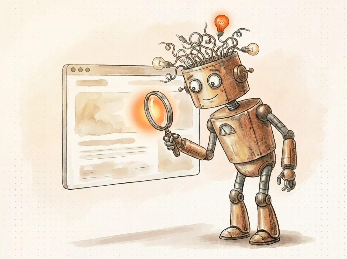 Un robot esamina con la lente una pagina in una finestra del browser e mette a fuoco un punto: l'analisi del sito alla base della consulenza SEO.