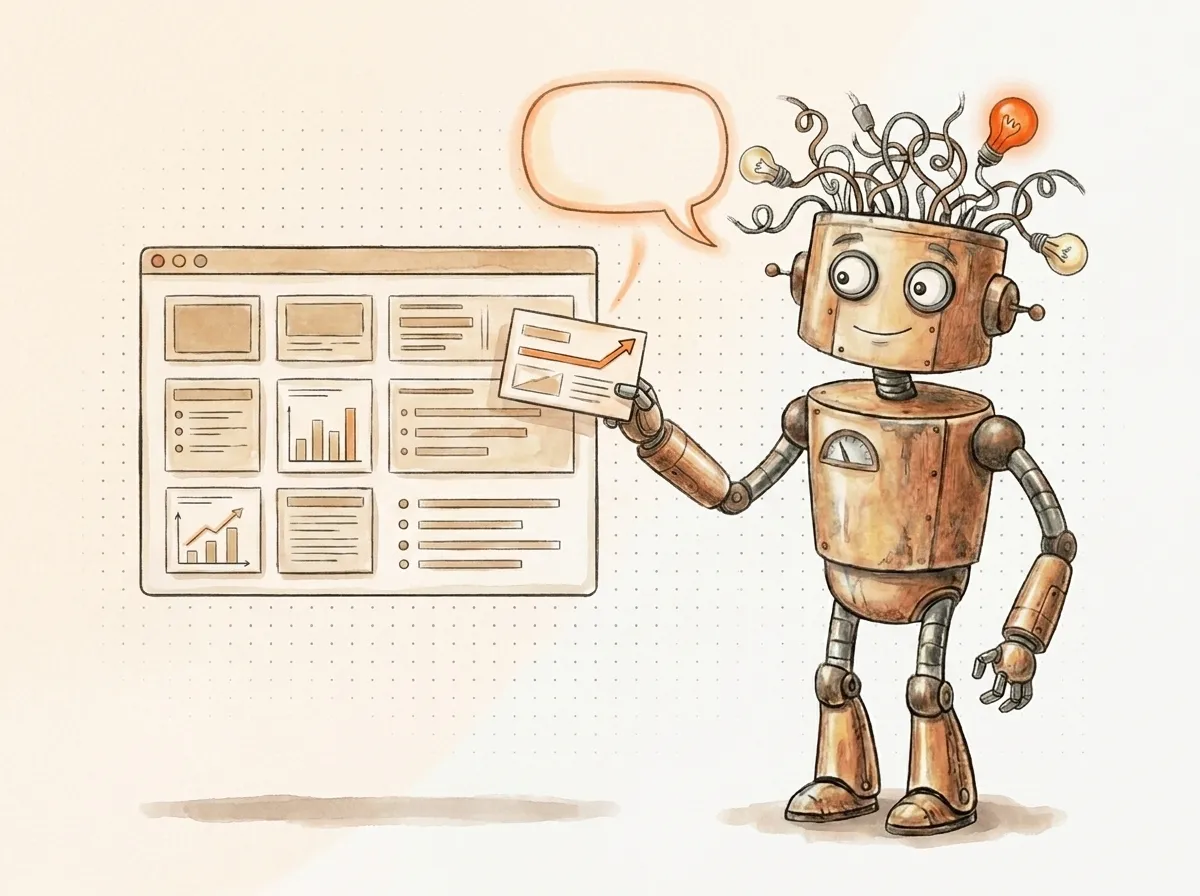 Il robot solleva una scheda da una finestra del browser dentro un fumetto di chat: GEO e AEO estendono le basi SEO fino alla citazione nella risposta AI.