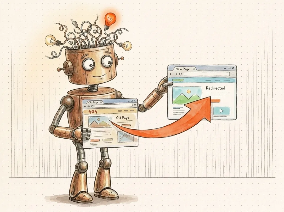 Con una freccia ricurva il robot reindirizza una pagina vecchia verso la pagina nuova in un'altra finestra: il redirect di una migrazione del sito SEO.