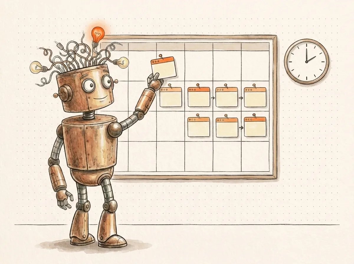 Il robot appunta pagine-finestra nelle caselle di un calendario accanto a un orologio: il calendario editoriale di una strategia di contenuti SEO.