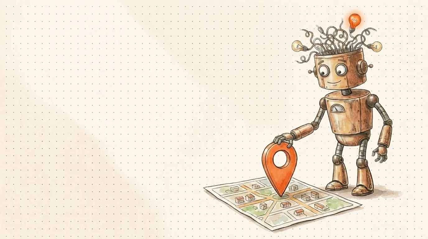Un robot pianta un pin su una mappa di quartiere: farsi trovare dalle ricerche locali e su Maps.
