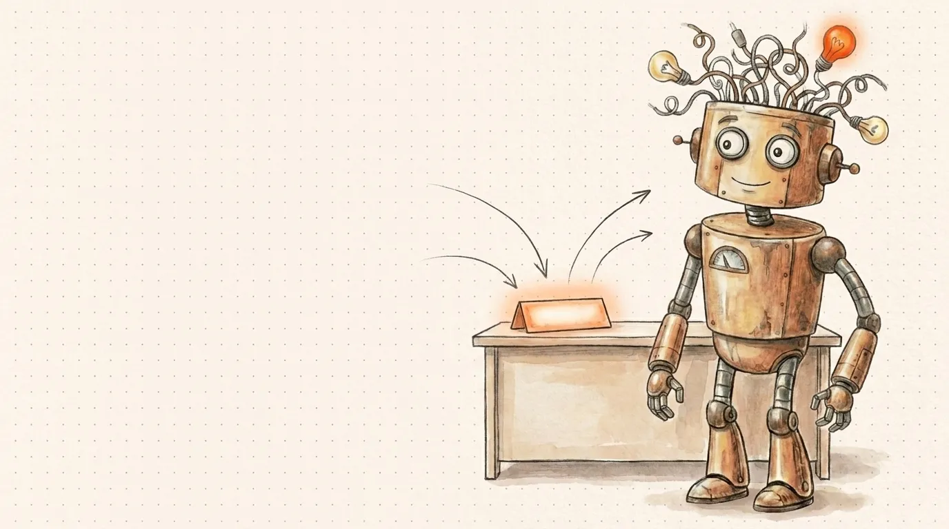 Un robot accanto a una scrivania con targhetta illuminata verso cui convergono frecce: farsi trovare come libero professionista.